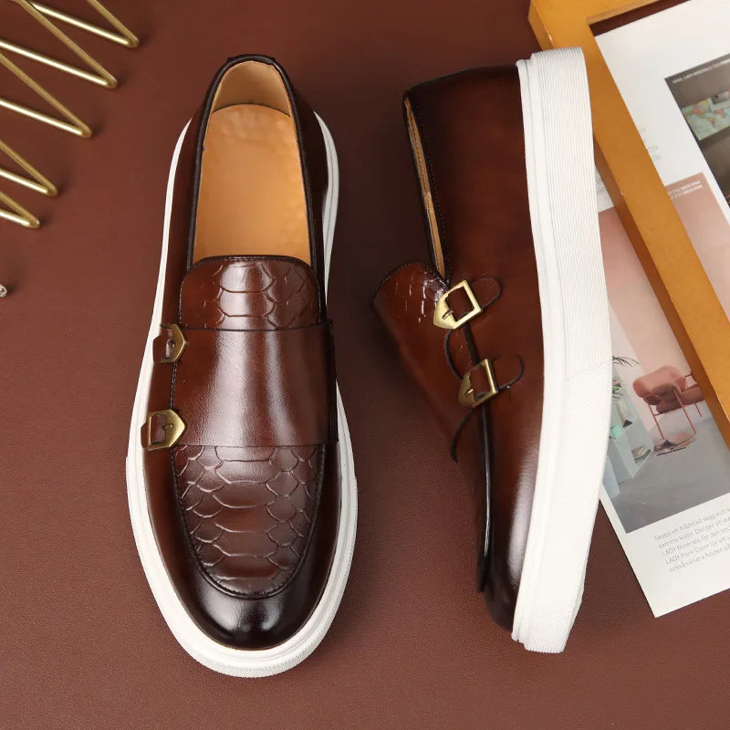 Fashion Men's Casual Shoes Snakeskin Grain Leather Men Retro British Style Loafers Monk Shoes Mens Slip-on Outdoor Driving Flats