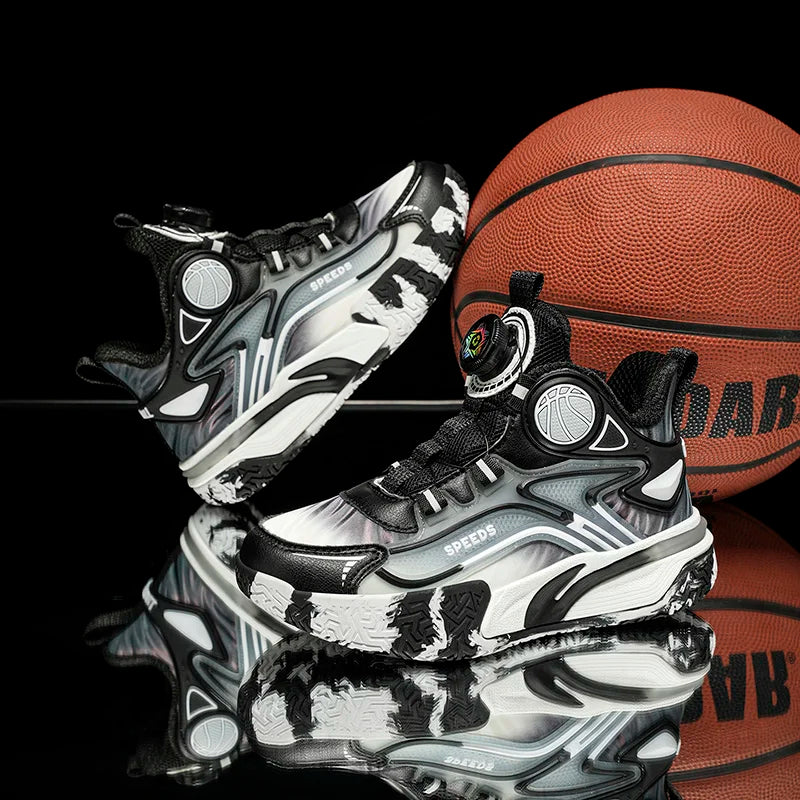 Children's basketball shoes boys' waterproof leather surface rotating buckle anti-slip and shock-absorbing student sports shoes