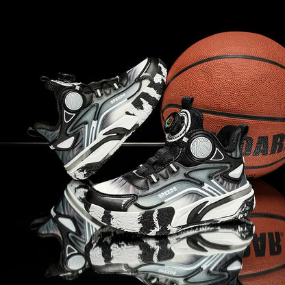 Children's basketball shoes boys' waterproof leather surface rotating buckle anti-slip and shock-absorbing student sports shoes