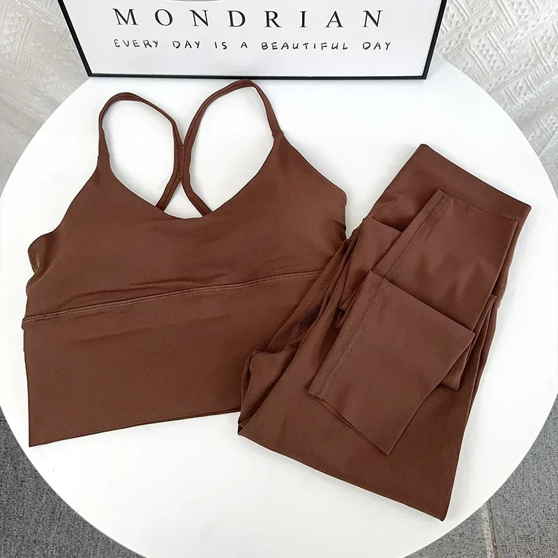 2 Piece Yoga Set Sportswear Fitness Suits Sexy Cross back Yoga Tops Elasticity High Waist Leggings Running Sports Clothing