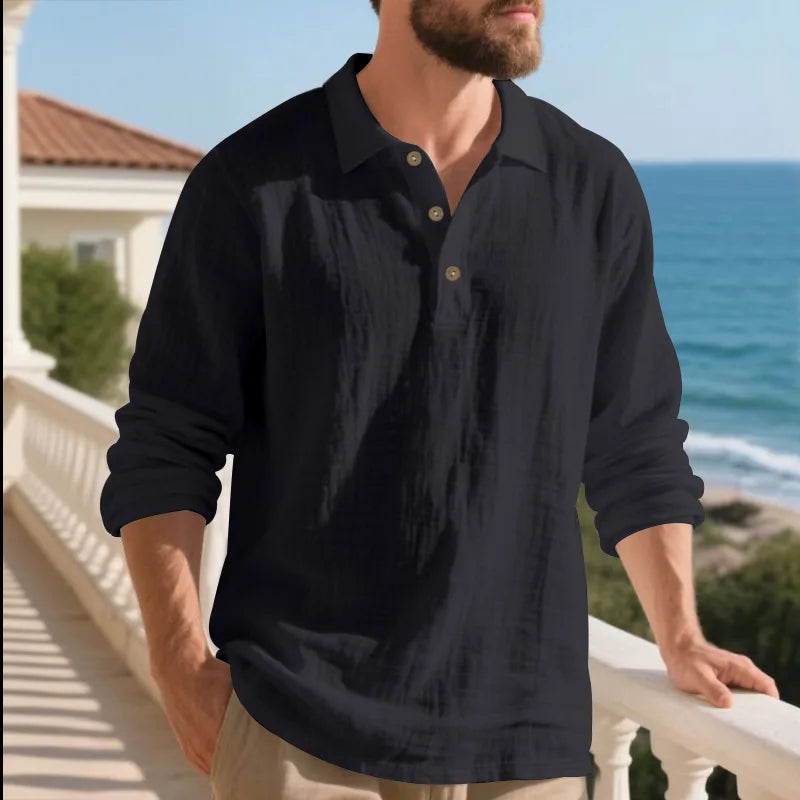 Linen shirt stand-up collar button-down men's loose casual breathable V-neck long-sleeved polo shirt
