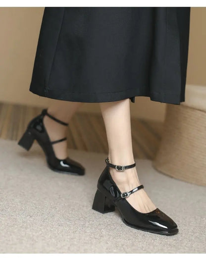2024 New Mary Jane Shoes High Quality Leather Shoes Shallow Square Toe Womens Sandals Buckle Strap Women's Pumps