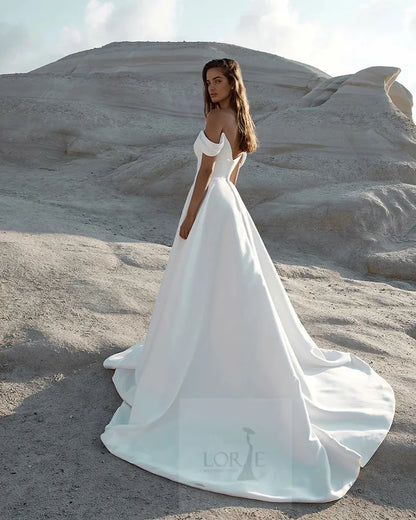 Soft Satin A Line Wedding Dresses Sleeveless Off The Shoulder Bridal Gowns Long Train Wedding Party Gowns Customized