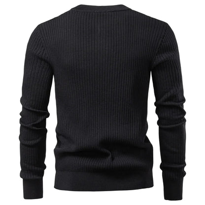 Button Placket Polo Shirt Men Ribbed Stripe Long Sleeve Contemporary Fit Minimalist Autumn Winter Premium Business Top