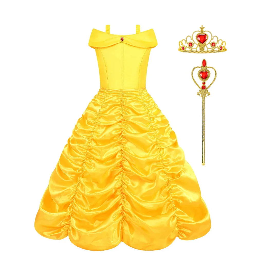 Fantasia Bela Adormecida Menina Vestido Amarelo Halloween A Bela e a Fera Fantasias Festa de Aniversário Meninas Roupas Infantis Vestido de Baile