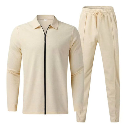 2024 men's new waffle long-sleeved lapel zipper cardigan casual sports suit