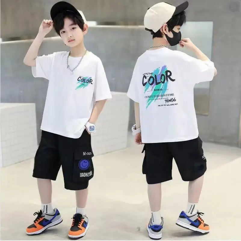 Children's set 2026 new Korean version boys' summer printed letter round neck short sleeved shorts two-piece set 4-12Y