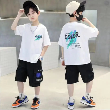 Children's set 2026 new Korean version boys' summer printed letter round neck short sleeved shorts two-piece set 4-12Y