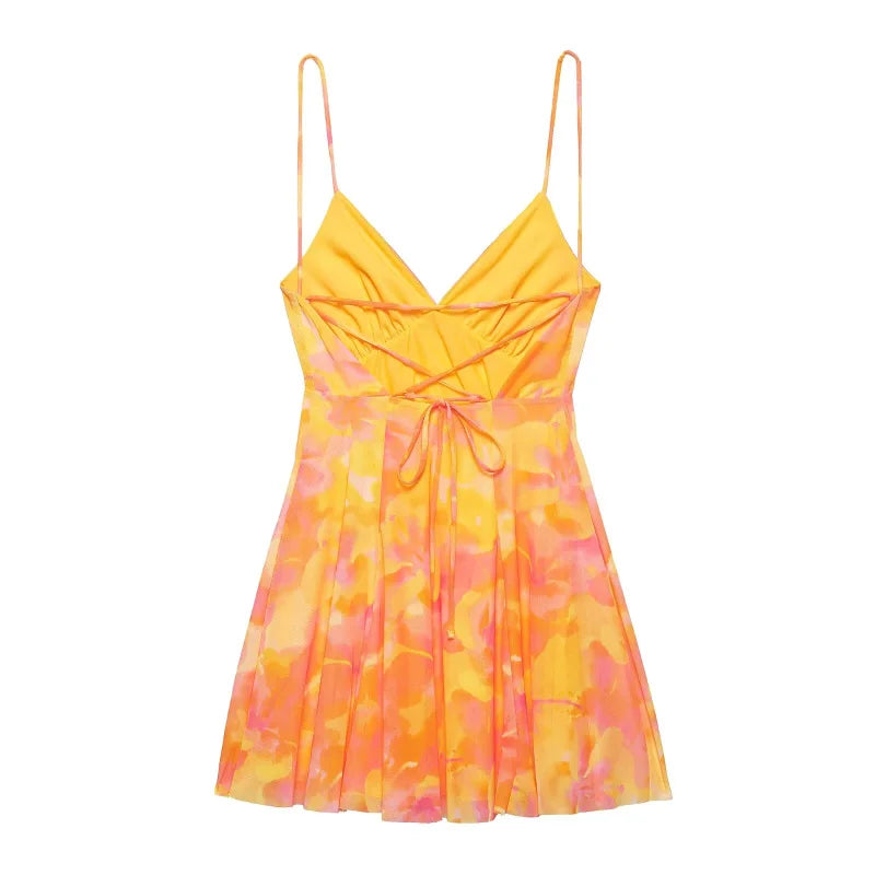 Women's vacation Style printed silk mesh sexy V-neck halter short Dress Hot Girl Dress