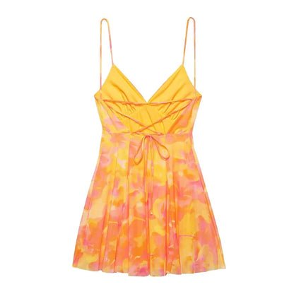 Women's vacation Style printed silk mesh sexy V-neck halter short Dress Hot Girl Dress