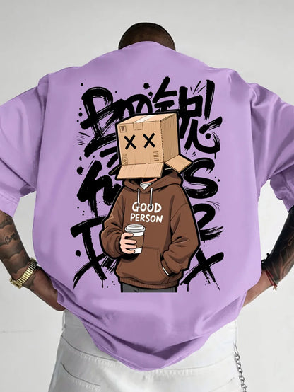 American Summer Men's Cartoon Character Letter Graffiti Print Comfortable and Breathable Round Neck T-shirt Outdoor Street Top