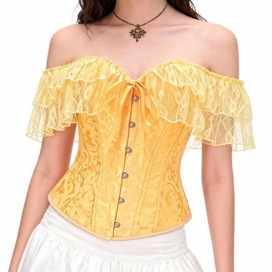 Yellow Jacquard & Lace Ruffles Boned Elegant Corsets Top Sexy Corset Overbust Vintage Clothes Victorian Women Gothic Bustier y2k