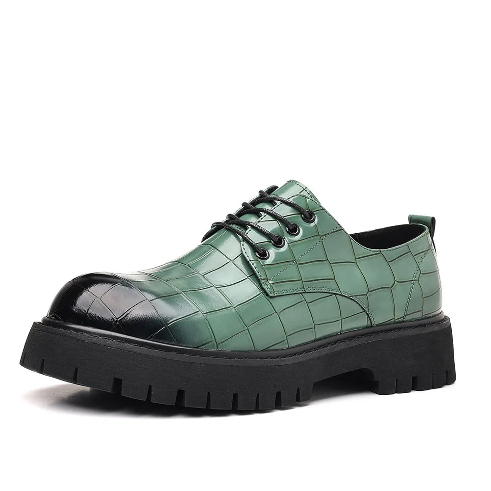 Business Formal Big Head Leather Shoes Men Spring Autumn Fashion Platform Shoes Male Lace Designer Stone Pattern Dress Shoes Man