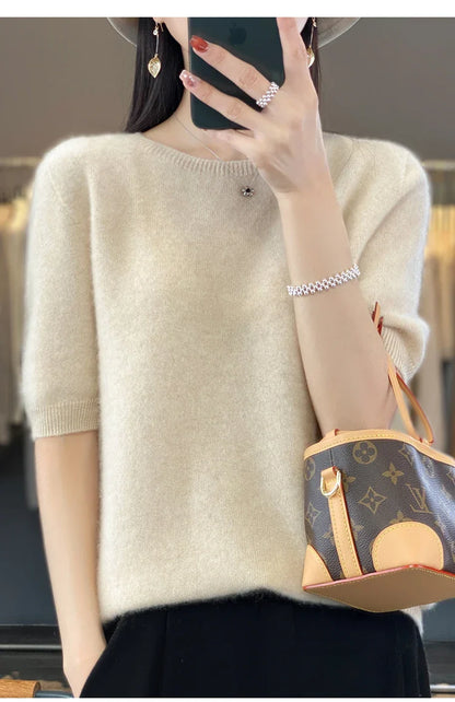 100% pure wool T-shirt spring and summer new women's O-neck pullover short sleeve loose five-sleeve sweater high-end top