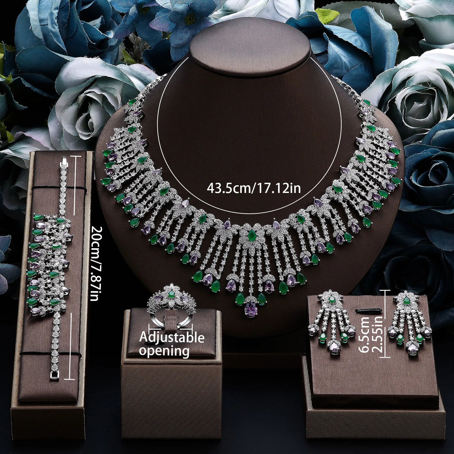 2024 Novo Conjunto de Joias de Luxo 4 Peças com Zircônia Cúbica para Noiva, Conjunto de Colar com Cristais, Conjunto de Joias de Dubai, Nigéria