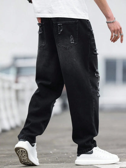 Men's Black Ripped Denim Harem Pants for Spring and Summer, Stylish and Minimalist, a Game - Changer for Lazy Outfits