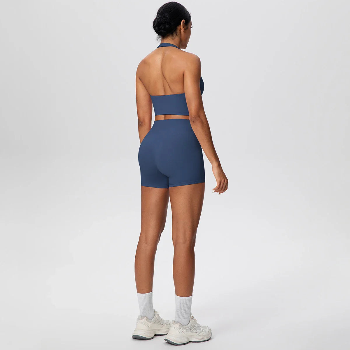 2picese Women Yoga Suit Solid Color High Waist Hip Push Up Fitness Shorts Sexy Pilates Backless Gym Hanging Neck Bra Yoga Set
