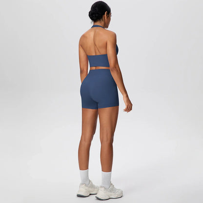 2picese Women Yoga Suit Solid Color High Waist Hip Push Up Fitness Shorts Sexy Pilates Backless Gym Hanging Neck Bra Yoga Set