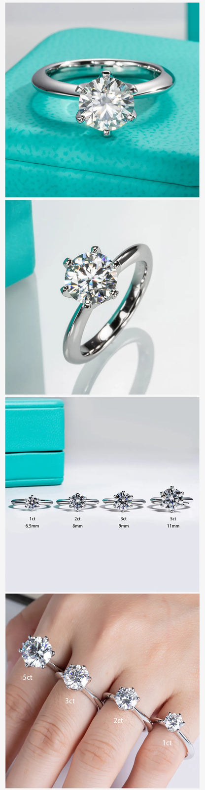 1ct 2ct 3ct 5ct D Color Moissanite Engagement  Ring for Women 925 Sterling Silver Gold Plated Solitaire Rings Wholesale