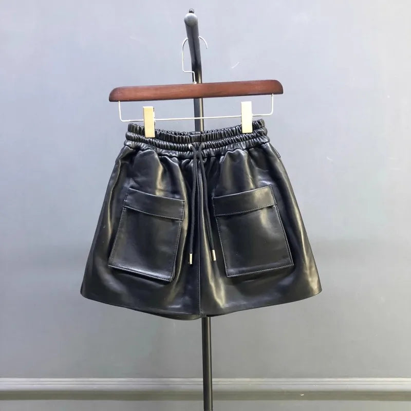 New Autumn Natural Sheepskin Elastic Waist Shorts Skirts A-Line Pocket Wide Leg Casual Above Knee Mini Genuine Leather Skirt 4XL
