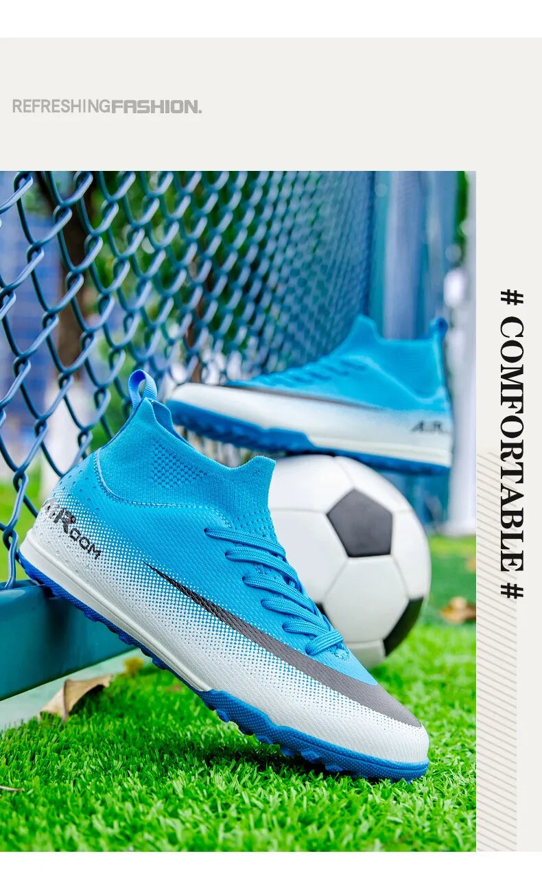 High Top Leather TF Turf Soccer Cleats, Anti-Slip for Grass Training, Men Women Youth Student World Cup Style