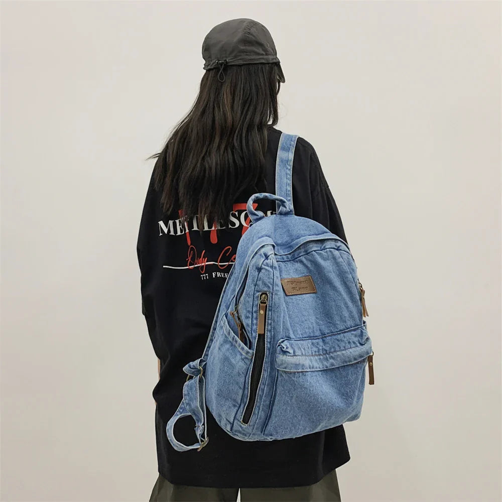 Fashion Backpacks for School Trend Student Jeans Bag Multi Pockets Large Capacity Rucksack Mochila De Escola Feminina 2023