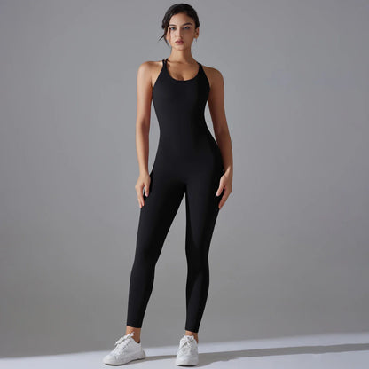 Sexy Backless Bodycon Scrunch Jumpsuit Raises Butt Women Dance Fitness Overalls Push Up Sleeveless Yoga Sport Jump Suit