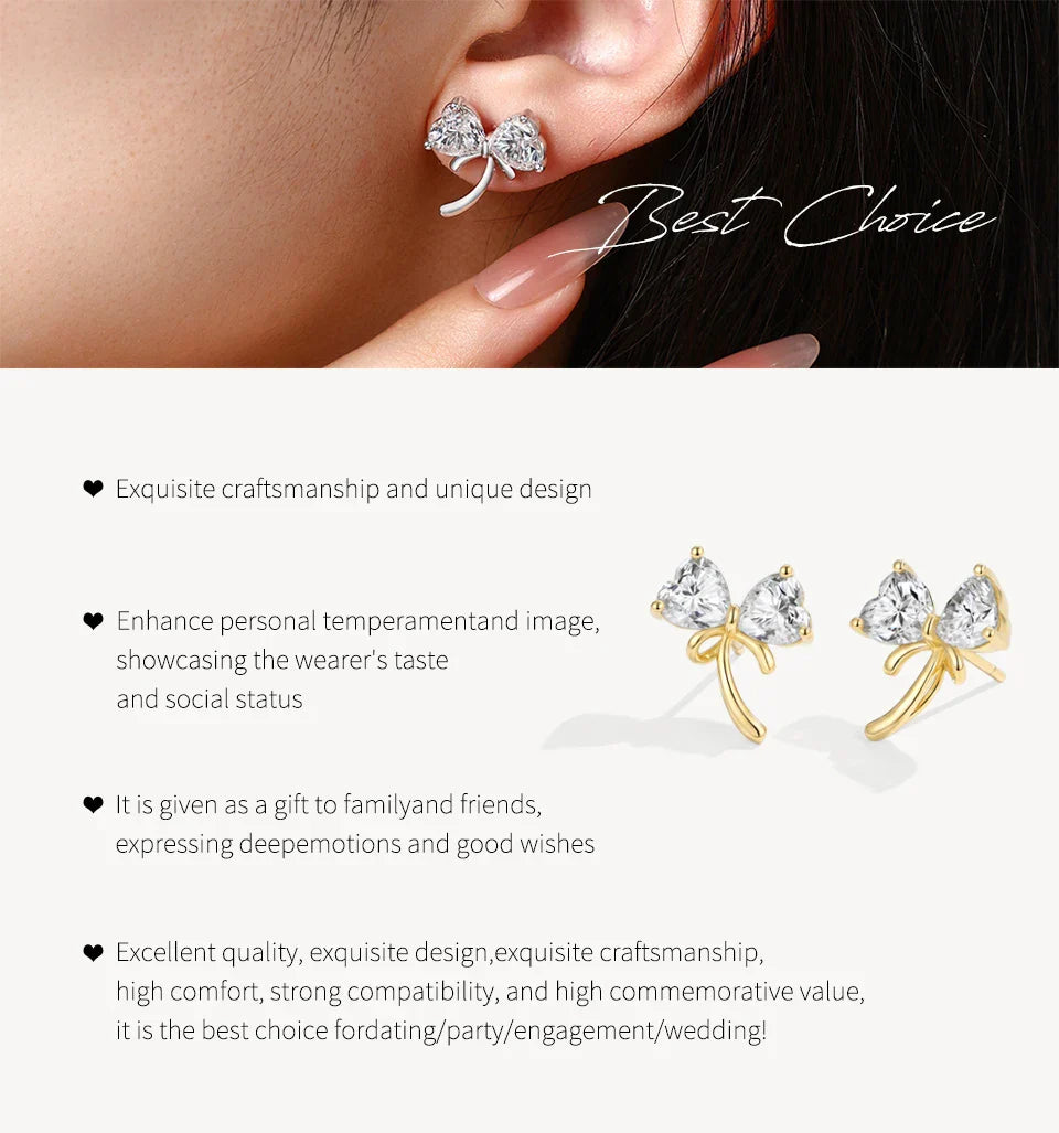 Original Bow Earrings S925 Silver Heart Cut Moissanite Stud Earring for Women Romantic Dainty Party Jewelry Gift Choice