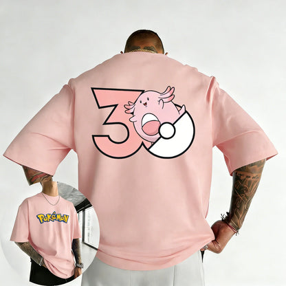 30th Anniversary Chansey Printed T-shirt Summer New Men's and Women's Harajuku Large Loose Casual Short Sleeve Top
