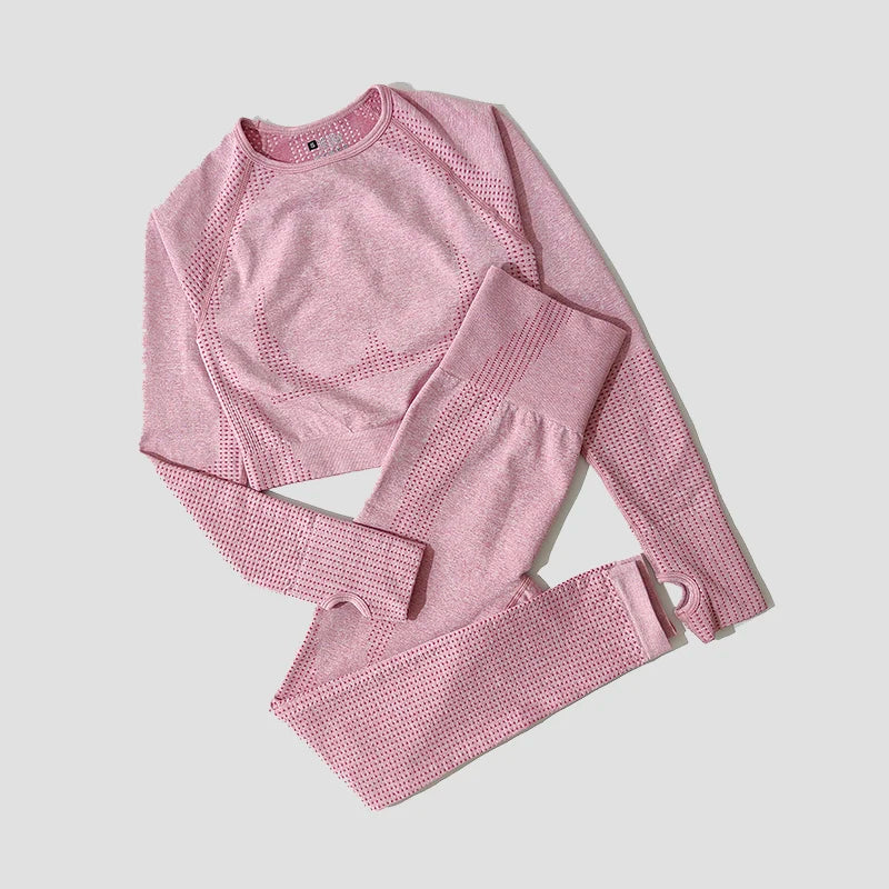 Women Seamless Yoga Set Fitness Sports Suits Gym Clothing Long Sleeve Crop Top Shirts High Waist Running Leggings Workout Pants
