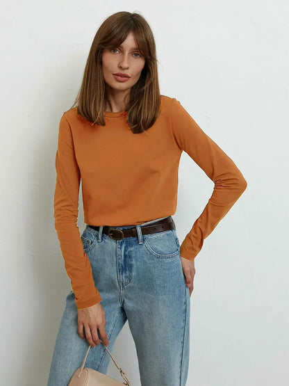 Women's Spring Autumn 100% Cotton T-shirt Bottoming Basic Solid Lady Long Sleeve Loose Tops Shirts Oversized T Shirt
