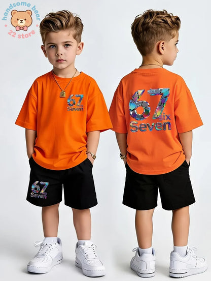 Boys Sets 67 Funny Print Kids T-Shirt Shorts Pant Set Casual Italian Brainrot Summer Top Suit for Funny Gift Children's Clothing