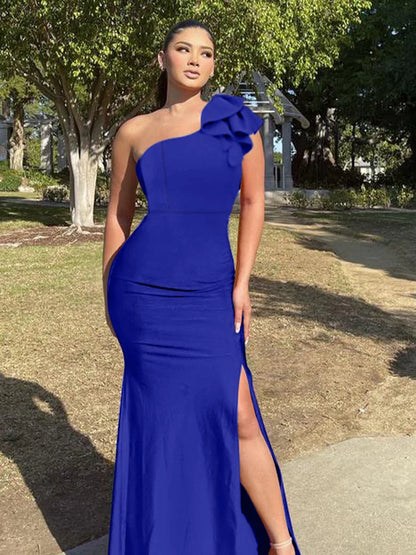 New Summer One Shoulder Split Sexy Dress sleeveless Sloping Shoulders Dresses