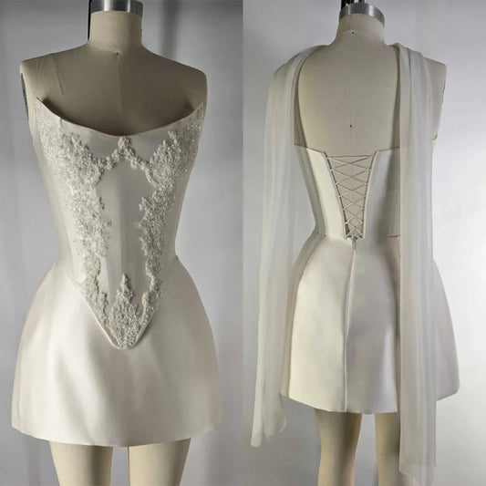 Customized Elegant White Satin Exquisite Appliques Wedding Dress Fashion Bridal Party Sexy Strapless Delicate Bridal Gowns