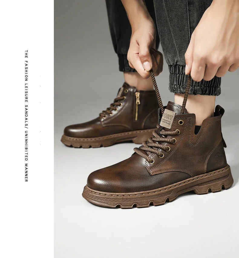 New MEN'S BOOTS with Retro Style Leather Boots, Thick Soles, Wear-resistant MEN'S High Top Casual Shoes, Side Zippers