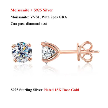 4 Prong 0.2-2CT Moissanite Stud Earrings D Color For Women Men S925 Silver Plated 18k Party Wedding Diamond Earring GRA