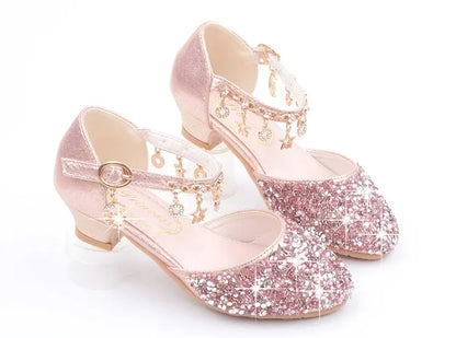 Fashion Kid Leather Shoe 2023 Summer Sequin Princess Shoe Crystal High Heel Sandals Kid Shoes Girl Dresses Mary Jane Girl Shoes