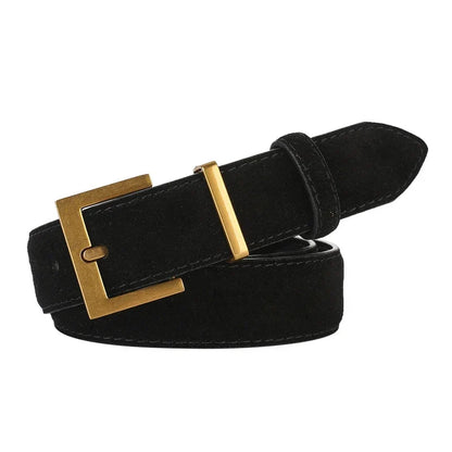 Trendy Cowhide Suede Belt for Women Casual Jeans Dress, Genuine Leather Belts with Square Alloy Buckle Waistband