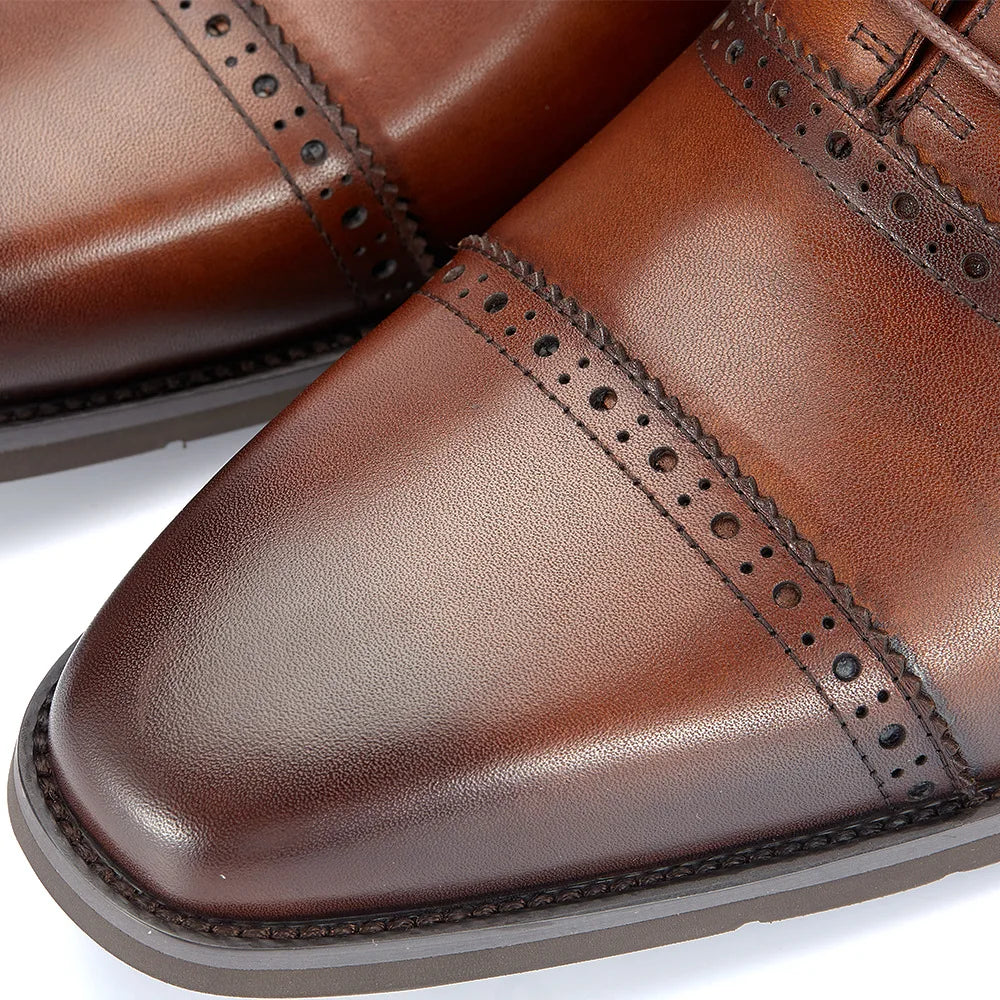 Men's Genuine Leather Brogue Oxfords, Business Formal Dress Shoes with Soft Rubber Sole