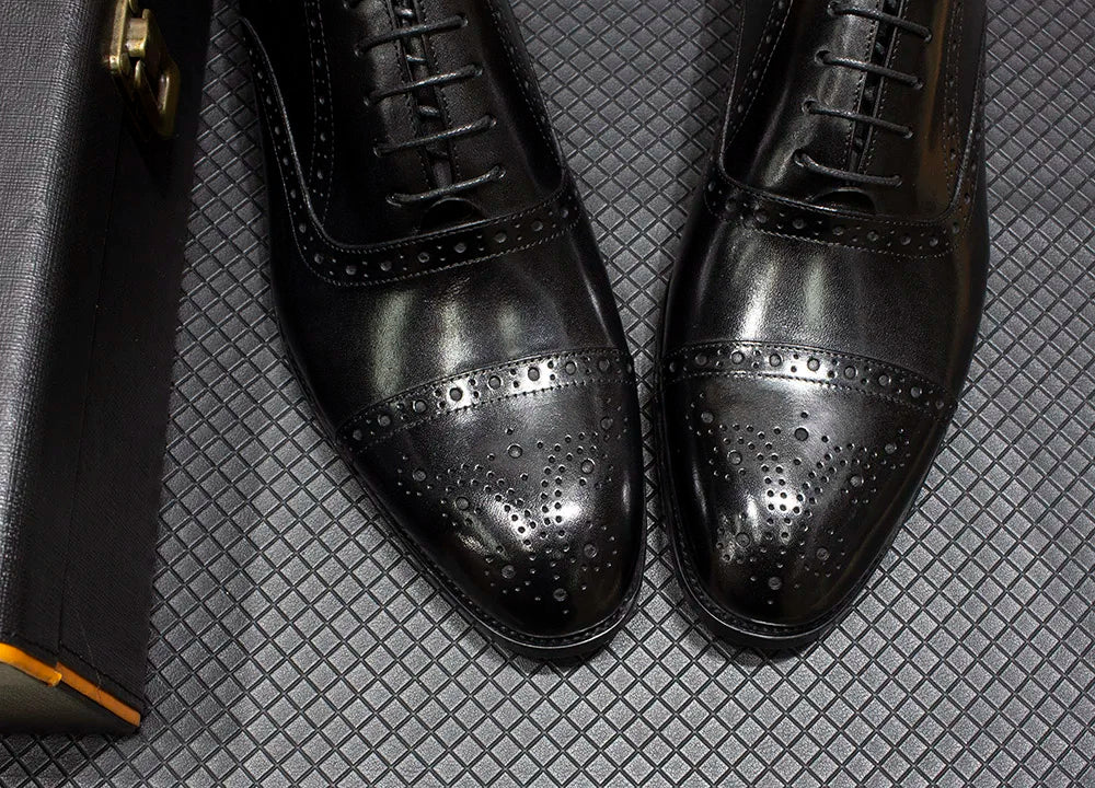 Luxury Genuine Leather Calfskin Cap Toe Oxfords Men's Dress Shoes Italian Style Lace-Up Wedding Business Formal Shoes for Men