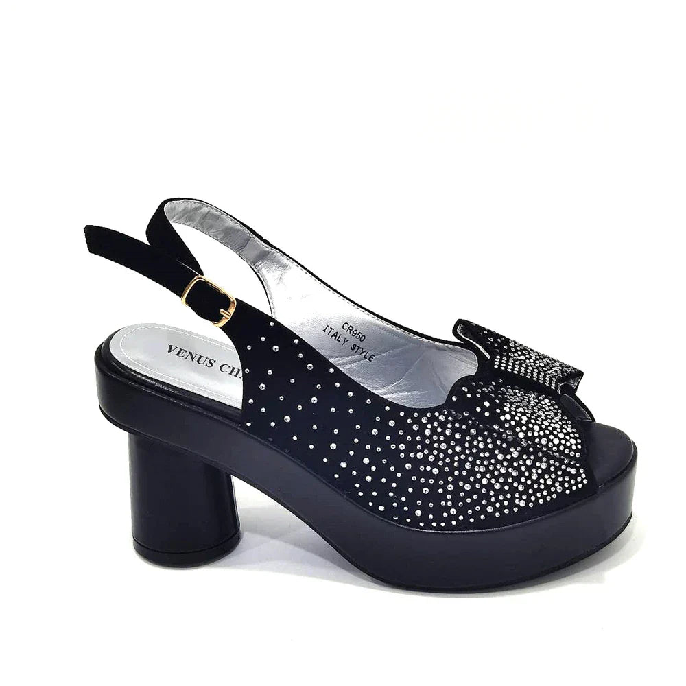 Silver Fashion Square Heels with Platform African Women Shoes and Bag Set Full Crystal Pumps for Wedding Party
