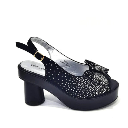 Silver Fashion Square Heels with Platform African Women Shoes and Bag Set Full Crystal Pumps for Wedding Party