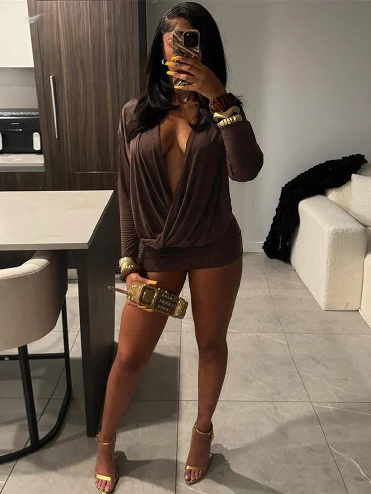 Cross Deep V-Neck Dress Women Full Sleeve Stretch Solid Midnight Street Clubwear Party Autumn Trend Elegant Mini Bodycon