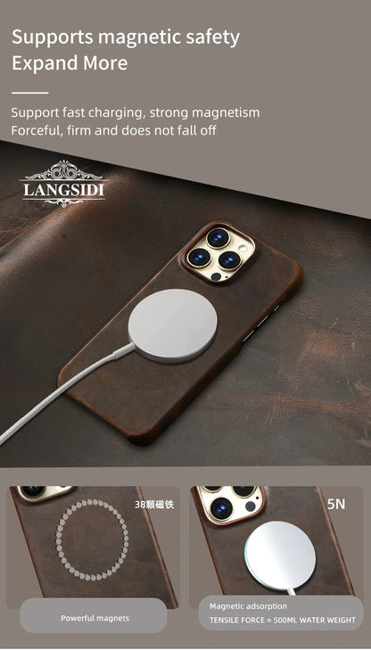 Magsafe Case for iPhone 17 Air 16 15 Pro Max Retro Luxury Full Grain Cowhide Genuine Oiled PULL-UP Leather Magnetic Cover