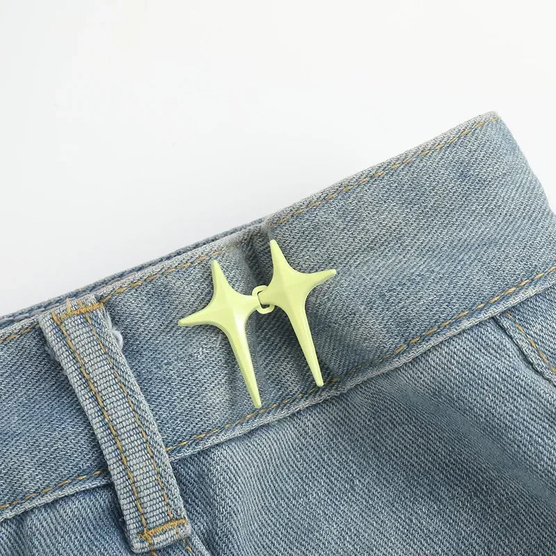 1Pair Cross Star Waist Buckle Adjustable Detachable Pants Clips Waist Tightener Nail-free Metal Button Snaps for Jeans Decor