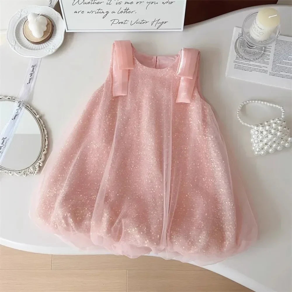 Flower Girl Dress Purple Mesh Sequin Birthday Party Children's Clothing Solid Color Vest Kids Dresses for Girls Casual Wear