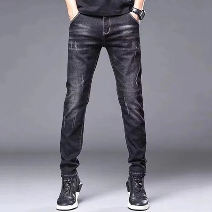 Calça Jeans Masculina Casual Elegante Clássica para Negócios Quatro Estações Preta Azul Calças de Cintura Média Leggings de Tecido Jeans Masculino