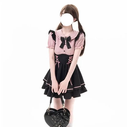 Cute Sweet Lolita Dr Set Women's School Sle Princ Skirt Blouse Two-Piece Set High Waist A-Line ort Sve Doll Collar