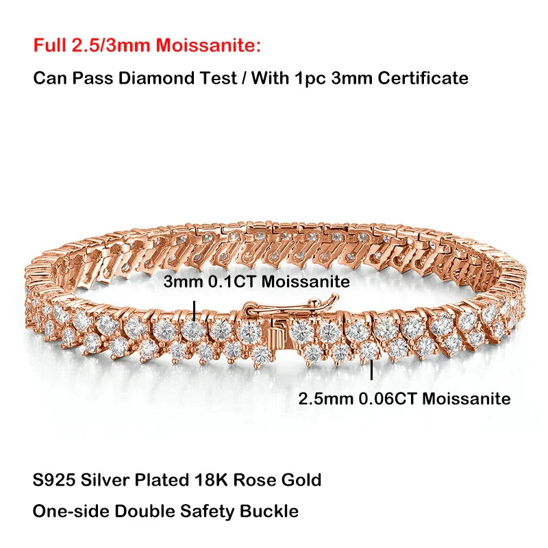 Double Row Full 2.5/3mm Round Cut Moissanite Tennis Bracelet D Color Lab Diamond 925 Silver Women Man Link Bracelets Gift