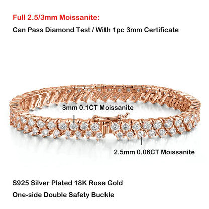 Double Row Full 2.5/3mm Round Cut Moissanite Tennis Bracelet D Color Lab Diamond 925 Silver Women Man Link Bracelets Gift